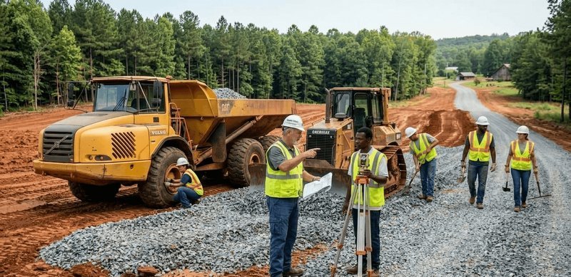 Statesboro Gravel equipment at a completed driveway job in Bulloch County