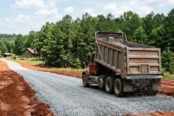 Dump truck delivering gravel for new driveway installation in Bulloch County, Georgia